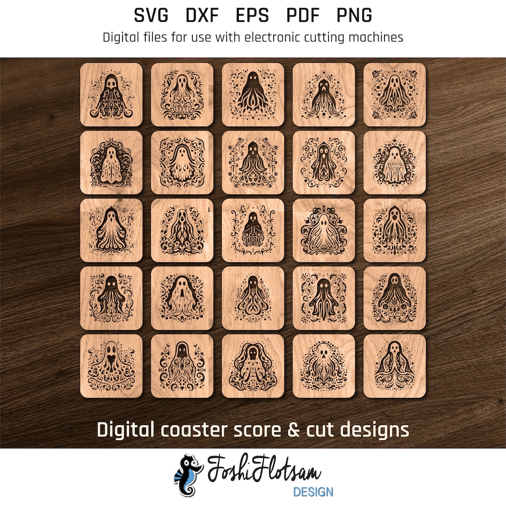 Coaster SVG - Halloween ghost coaster SVG designs 25 Halloween ghost coaster SVG designs shown on one page as digital, stylized coaster SVGs.